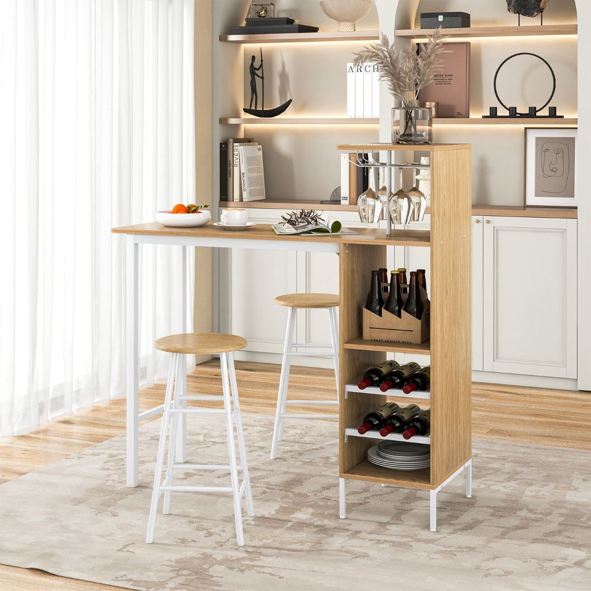 Coast Bartisch mit 2 Hockern – Weinregal für 6 Flaschen – Bistrotisch für Wohnzimmer und Küche – 120 x 40 x 121,5 cm – Naturfarben