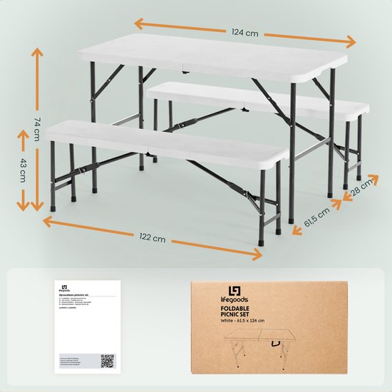 LifeGoods Zusammenklappbares Picknick-Set - 124cm x 61.5cm - Gartentisch mit 2 Bänken - Wetterfest - Campingtisch - Biertisch zusammenklappbar - Für Innen und Außen - Für 4 bis 6 Personen - Weiß