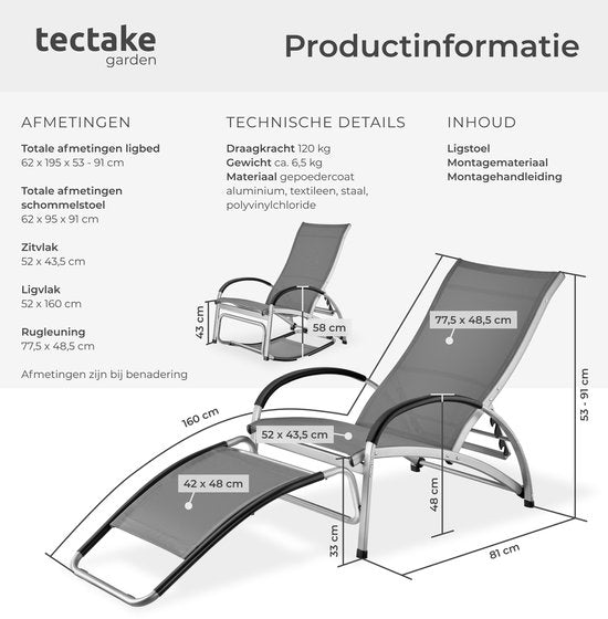 tectake® Liegestuhl Avignon – 2-in-1 verstellbarer Liegestuhl – Schaukelstuhl für den Außenbereich – Wetterfester Rahmen und wasserabweisendes, atmungsaktives Gewebe – Gartenstuhl – Balkonstuhl - 195 cm lang - Anthrazit