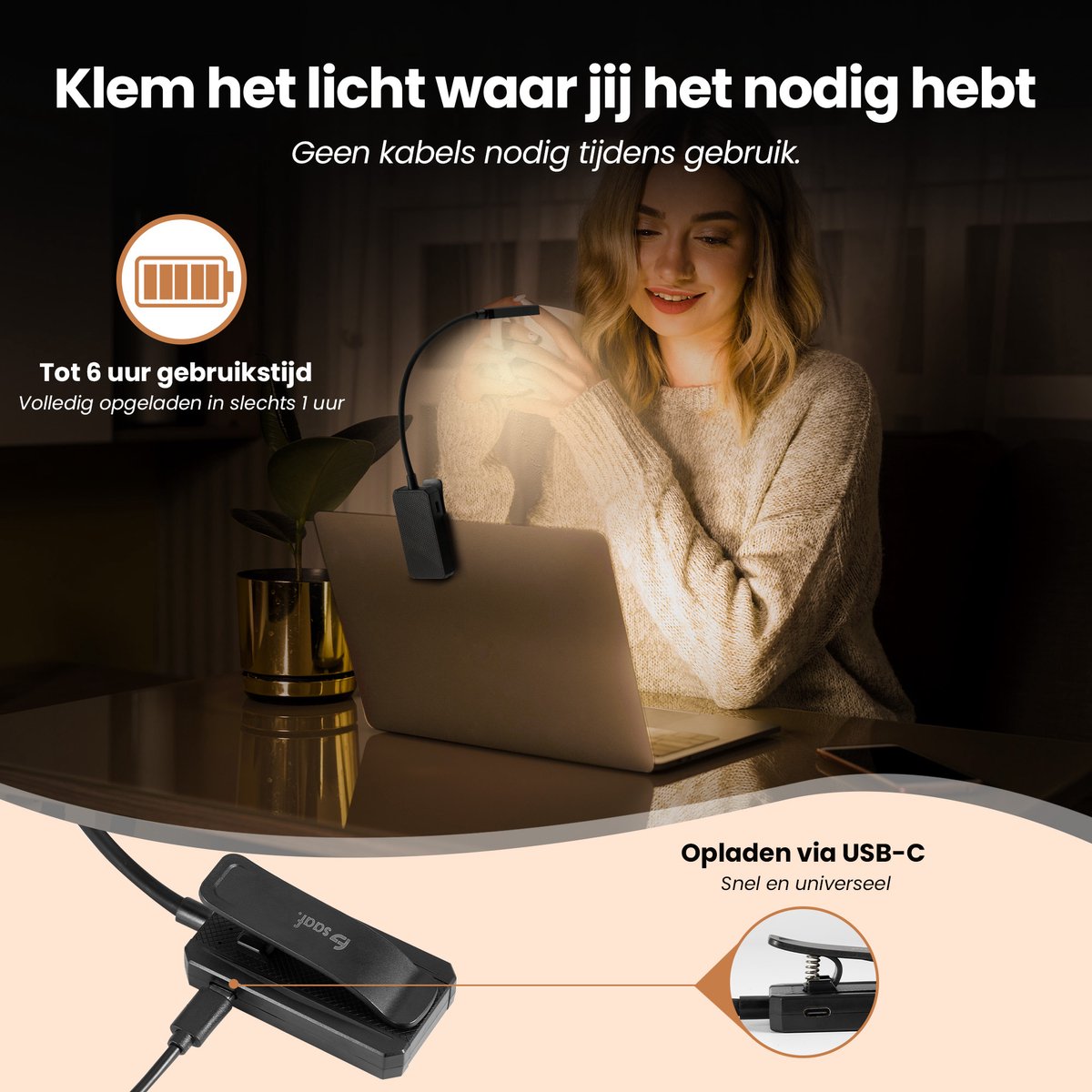 Saaf Leselicht mit Klemme - Dimmbar und wiederaufladbar - Buchleselicht - 3 Lichtmodi - Biegbar - Schwarz