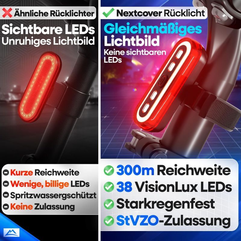 Nextcover Fahrradrücklicht - LED - Bremslicht - USB - 8U Batterie - Schwarz