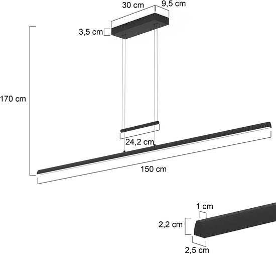 Hängeleuchte Profilo 3318ZW Schwarz, 150 cm breit, höhenverstellbar, von Steinhauer, aus Metall, Kunststoff und Elektronik