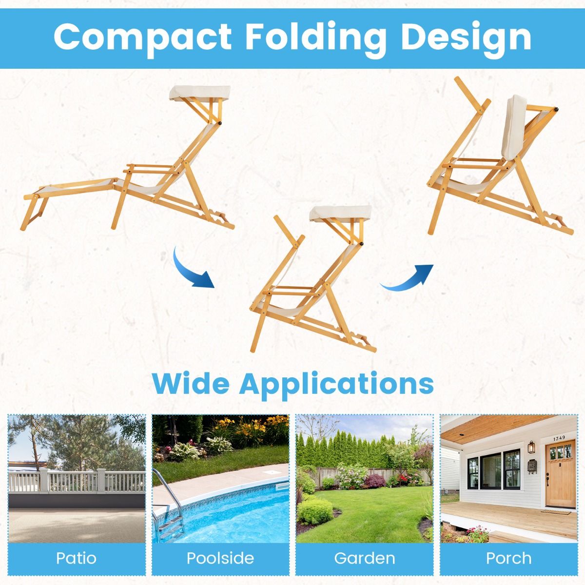 Coast Birchwood Foldable Beach Lounger mit verstellbarem Sonnendach, Rückenlehne und Fußstütze - Beige/Natur - 170x62x140 cm