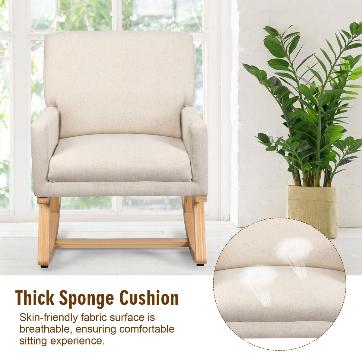 Coast Gepolsterter Schaukelstuhl Relaxsessel Beige 67 x 87 x 85 cm - Massivholzrahmen, Moderner Mid-century Freizeitstuhl