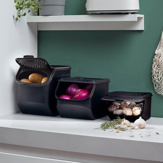Tupperware-Set – PotatoSmart 8,3 l, OnionSmart 5,5 l & GarlicSmart 2,3 l – Innovative Behälter für Kartoffeln, Zwiebeln und Knoblauch mit optimaler Luftzirkulation – Stapelbares Design – Spülmaschinenfest
