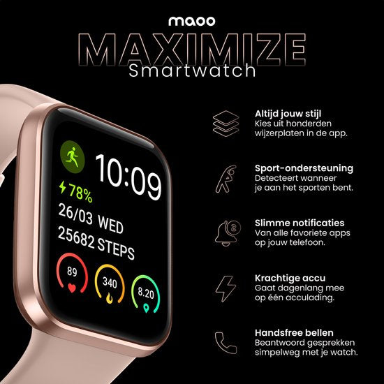 MAOO Maximize Smartwatch - Damen - Volle Klingelfunktion - Herzfrequenzmesser - Schrittzähler - Multisport - Für Android und iOS - Pink