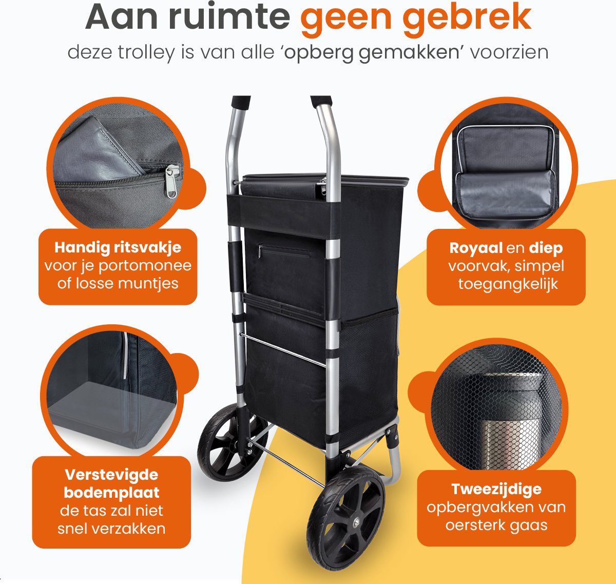 Goliving Einkaufswagen - Einkaufswagen mit Seitentaschen und Kühlfach - Zusammenklappbar - Wetterfest - Rostfreies Aluminium - Einkaufswagen mit Rollen - 50L - Schwarz
