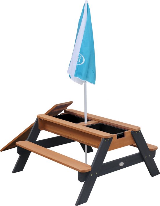 AXI Nick Zand & Water Picknicktisch in Anthrazit/Braun – mit Sonnenschirm in Blau/Weiß – Multifunktionaler Picknicktisch aus FSC-zertifiziertem Holz – Picknicktisch für Kinder aus Holz