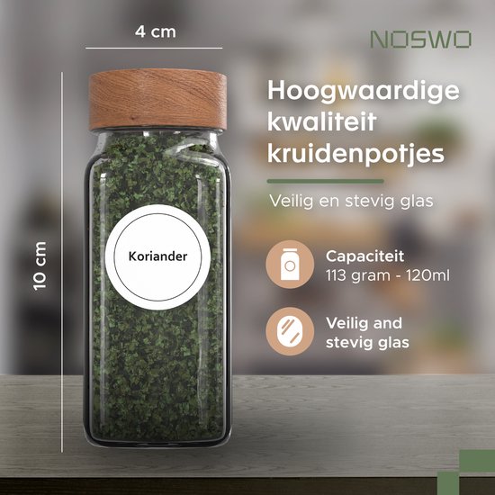Noswo Gewürzregal Schublade mit 28 Gläsern - Komplettset - Quadratisch - Streudeckel und Etiketten - Gewürzorganisation - Küchenschubladen-Organisation - Akazie