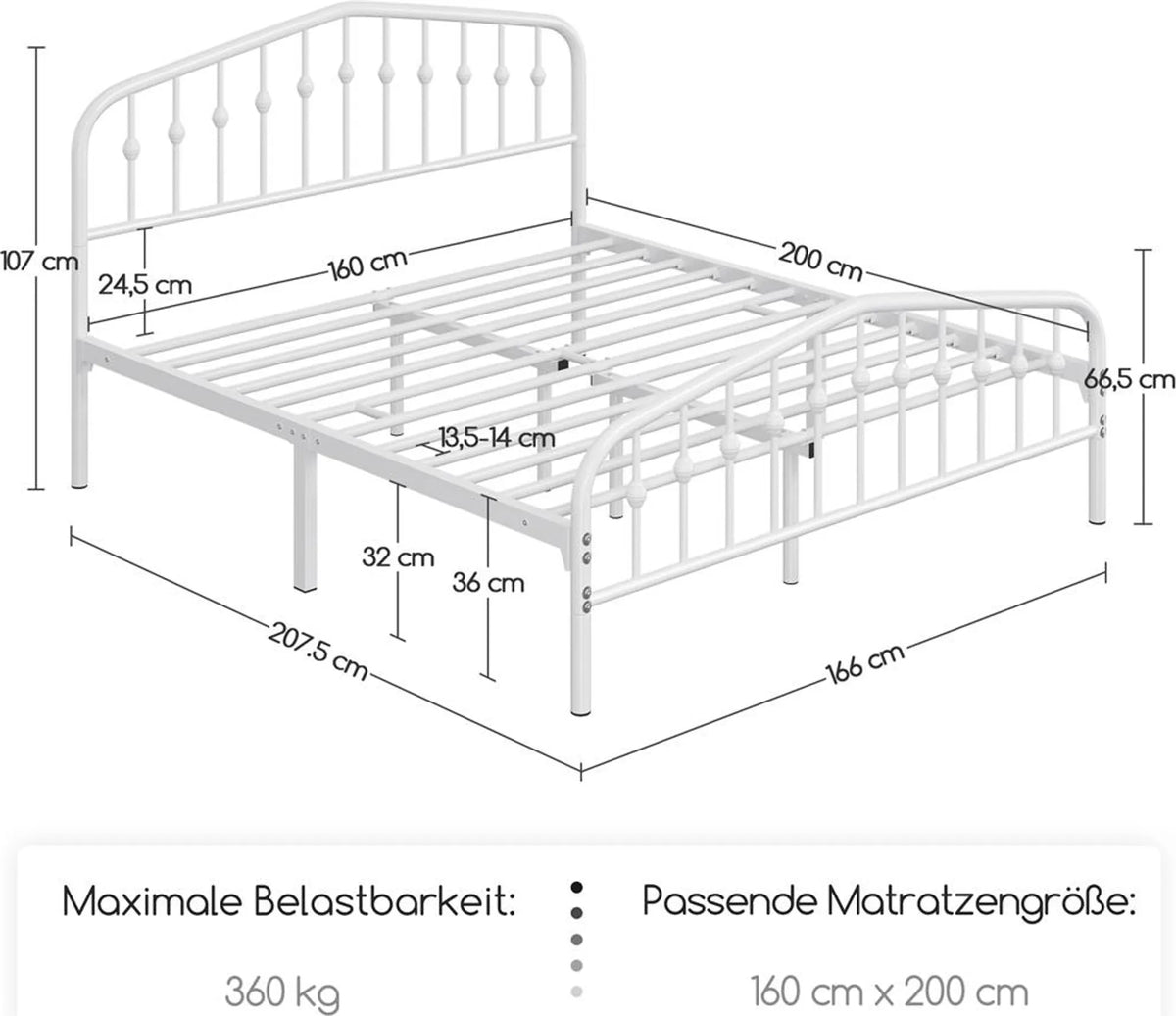 Yaheetech Klassisches Metallbett mit hohem Kopfteil 160 x 200 cm – Weiß – Metall