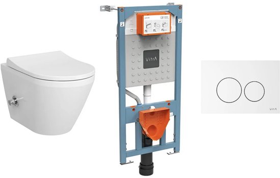 VitrA – Komplettes Bidet-WC-Set für Aufputzmontage – VitrA Integra Round randloses Bidet-WC und Sitz + VitrA V-Fix Prime Unterputzspülkasten + VitrA Origin Betätigungsplatte in Weiß