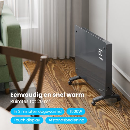 Auronic Elektroheizung - Konvektorheizung mit Thermostat und Fernbedienung - Glasheizkörper - 1500W Heizleistung - Grau