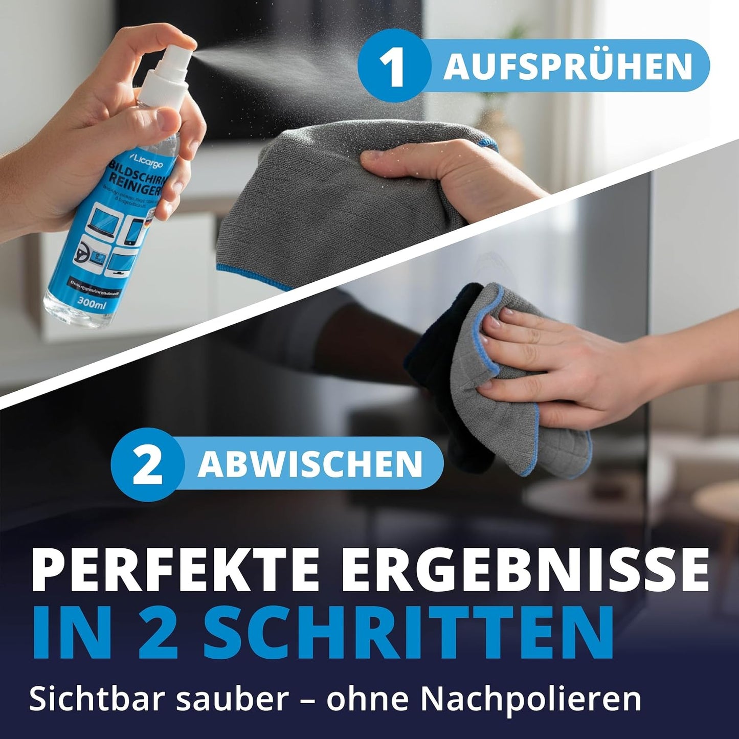 LICARGO Bildschirmreiniger-Spray 300 ml – ohne Streifen & alkoholfrei – für Fernseher, Monitore, Laptops, Tablets und Autodisplays