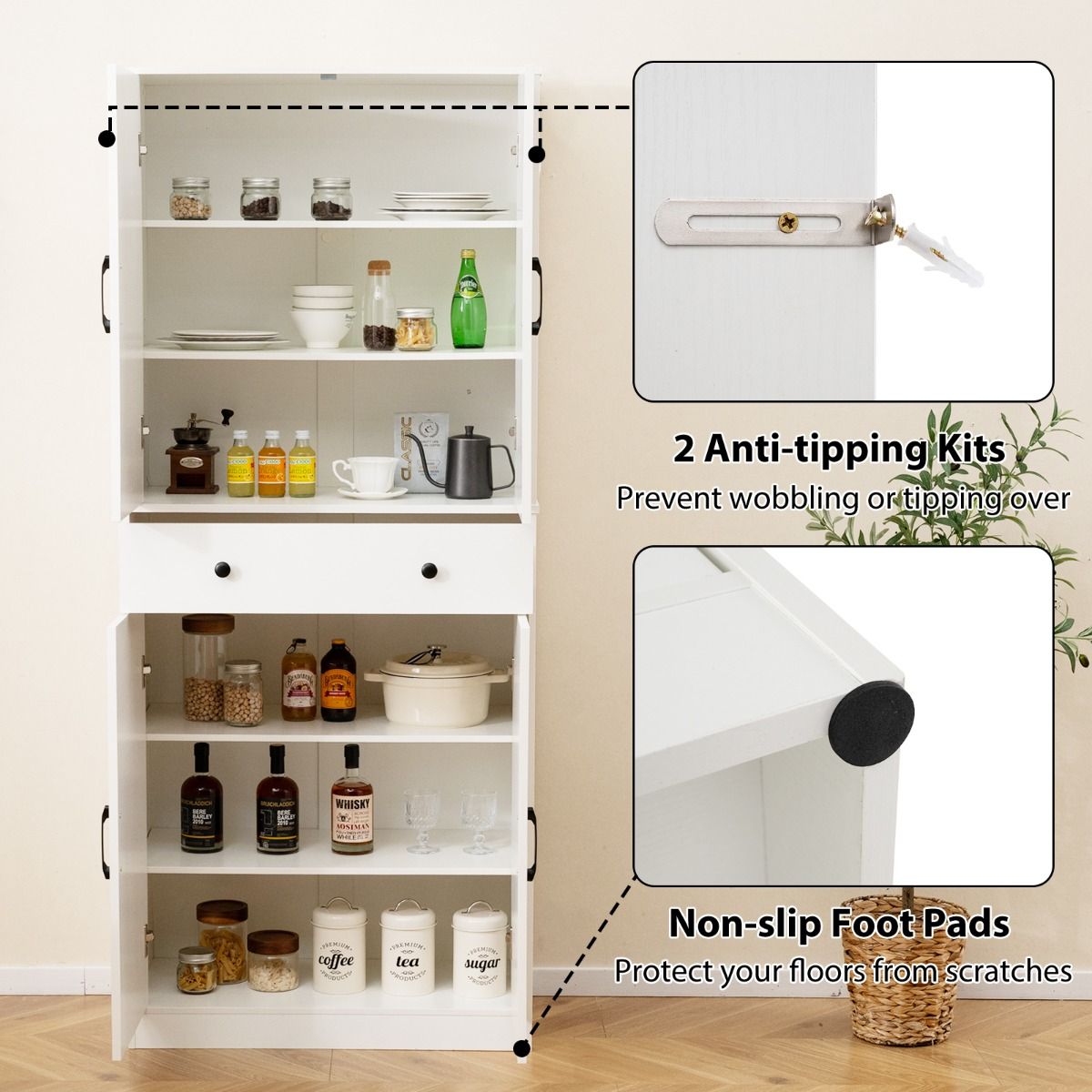Coast Küchenschrank 77x39x183 cm Weiß - Moderner Schrank im Landhausstil mit 4 Flügeltüren, 3 verstellbaren Einlegeböden, Schublade und Kippsicherung
