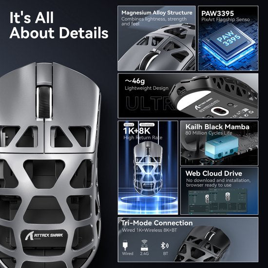 ATTACK SHARK R3 – Kabellose Gaming-Maus – PAW3395 – Ultraleicht (46 g) – Kabelgebunden/2,4 GHz/BT 5.1 – 26.000 DPI – Magnesiumlegierung