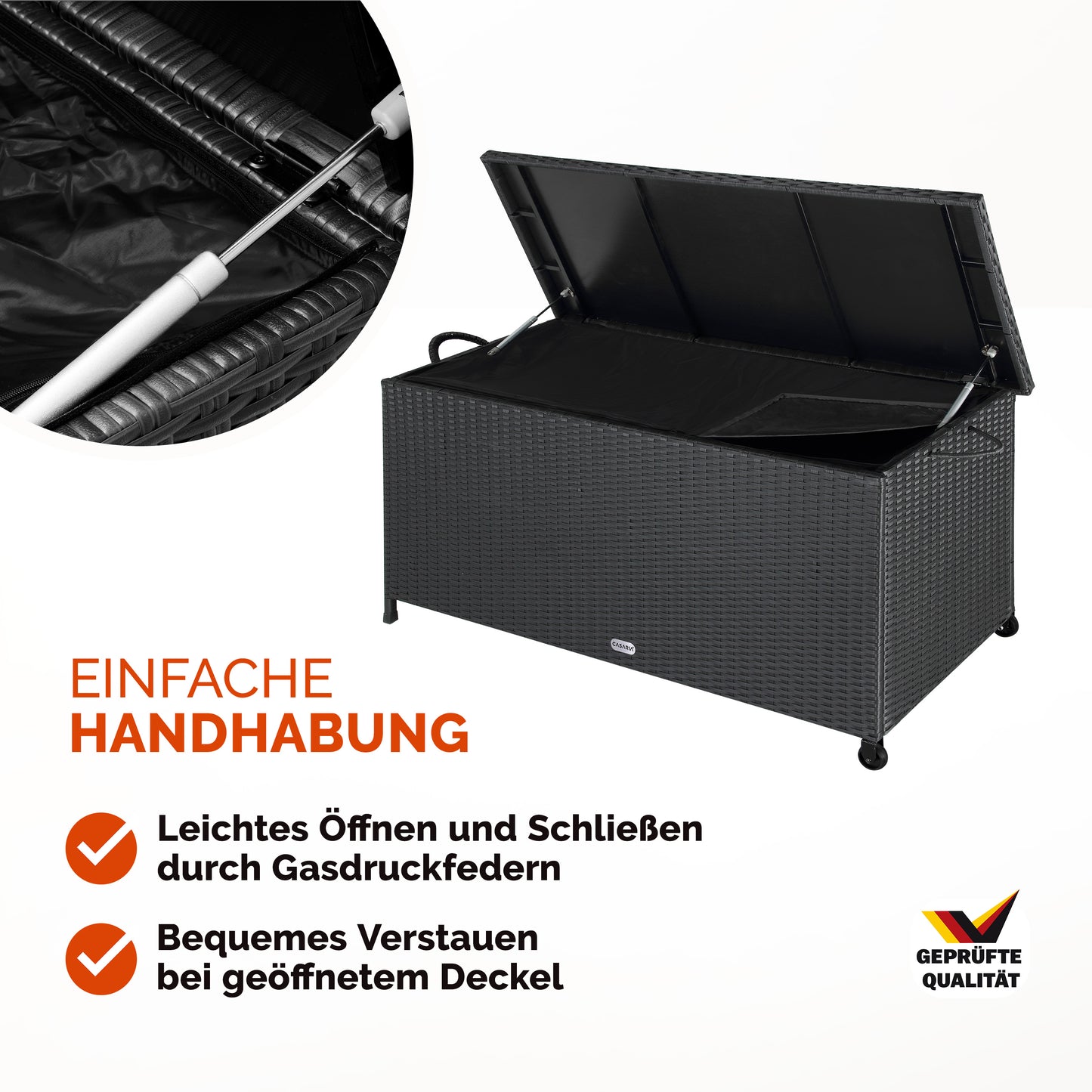 Casaria Polyrotan-Kissenbox - Ausgestattet mit zwei Gasfedern und wasserdichter Innenauskleidung und zwei Rädern - Für Sitzkissen und Gartenzubehör - Schwarz pulverbeschichteter Stahl - Einhundertsiebzehn lang und dreiundfünfzig breit und sechzig hoch cm