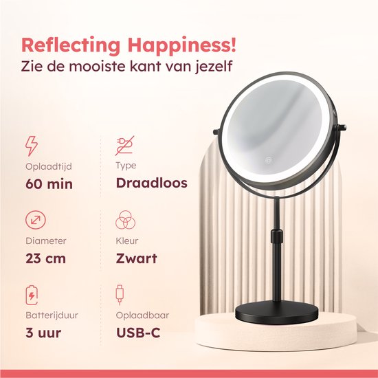 Fraay® Make-up-Spiegel mit LED-Beleuchtung - 10-fache Vergrößerung - Vergrößerungsspiegel mit Licht - wiederaufladbar - Rasierspiegel - Badezimmerspiegel - Schwarz