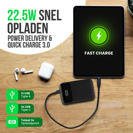 Strex Powerbank - 12.000 mAh - 22,5W Schnellladegerät - USB-A/USB-C - LED-Anzeige - Universal Powerbank geeignet für iOS/Android, u.a.