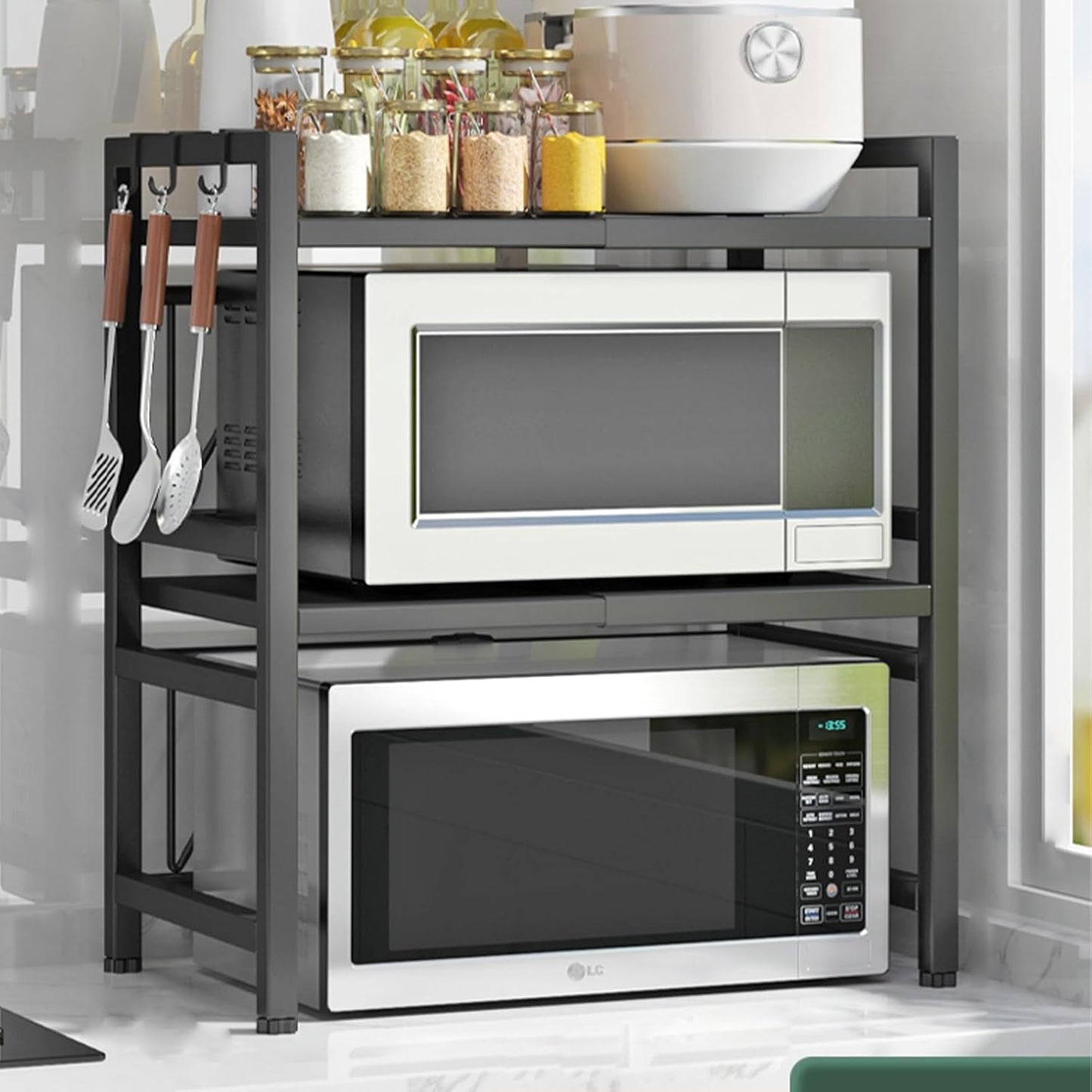 Verstellbares Mikrowellenregal, schwarz – Wandhalterung für Mikrowelle und Backofen – Doppelte Ebene