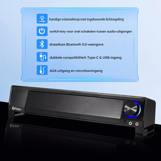 PC-Lautsprecher 2.1 - Mit Mikrofon und Bluetooth 5.0 - Soundbar für PC - USB-C und USB-A - Schwarz - von Faas