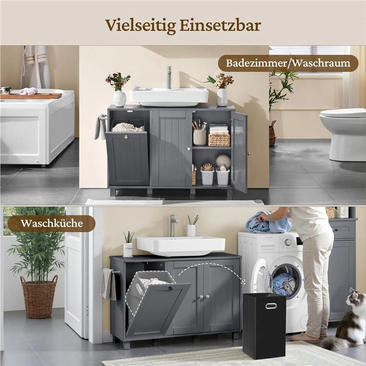 Yaheetech Waschbeckenunterschrank mit U-förmiger Aussparung und Wäschekorb 90 x 30 x 62,5 cm – Dunkelgrau – MDF und Metall