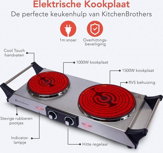 KitchenBrothers Elektrokochfeld - 2 Brenner - 2500W - Edelstahl