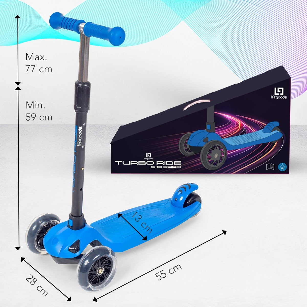 LifeGoods TurboRide Kinder-Roller - Alter 5-8 Jahre - 3 leuchtende Räder - Jungen/Mädchen - Blau