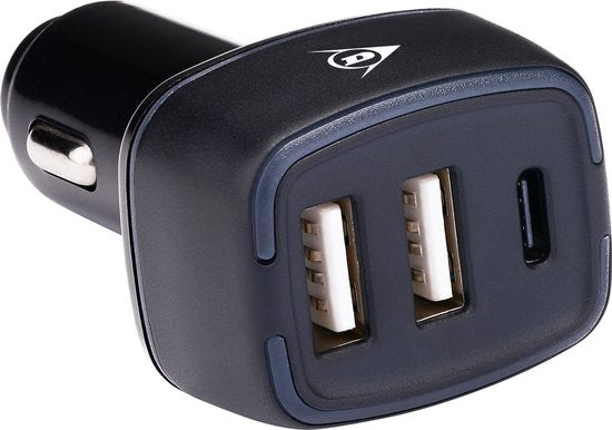 Dunlop Car Charger USB - 2x USB-A und USB-C Anschluss - Power Delivery/ Fast Charge 18W - Anschluss an Zigarettenanzünder Auto - Kunststoff - Schwarz