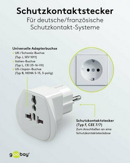 goobay  Reiseadapter „World to EU“, weiß – Typ F auf UK/CH/IT/US/JP – 16 A – 65 x 51 x 51 mm