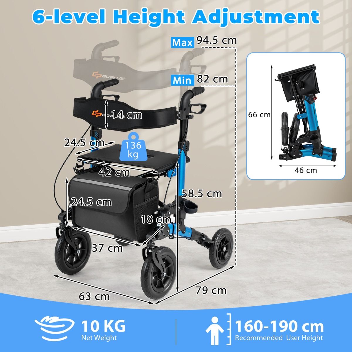 Coast Faltbarer Rollator für Senioren – Sitz mit Netzrückenlehne – Große Räder und Stockhalter – blau