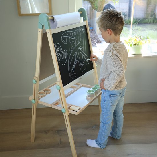 Sunny Luna Aktivitäts-Zeichentisch – Verstellbarer Kinder-Zeichentisch aus Holz – Spiel-Zeichentisch mit Whiteboard und Kreidetafel – Magnettafel – Inklusive Papierrolle, Bechern und Zubehör – Lernspielzeug