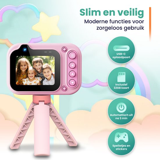 ODESSEY Wasserdichte Kinderkamera – mit Stativ – Full HD – Selfie-Kamera – 32 GB SD-Karte – Foto – Video – Spiele – Digitalkamera für Kinder – Fotokamera für Kinder – Rosa