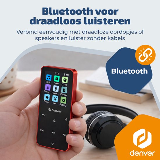 Denver MP3/MP4-Player – Bluetooth – Zufallswiedergabe/Wiederholung – SD-Karte bis zu 128 GB – inkl. Ohrhörer – Diktiergerät – MP1830R – Rot