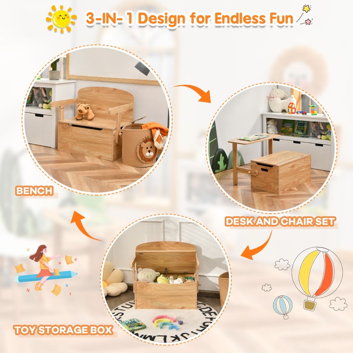 3-in-1-Kinderspieltisch mit Bank und Aufbewahrungsbox – 60 x 56,5 x 43,5 cm – Naturfarben