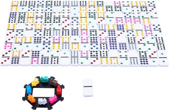 Domino Doppel 12 Mexican Train – 91 Steine mit farbigen Augen – Holzkiste mit Schiebedeckel – Inklusive Bahnhof und Züge – Strategisches Familienspiel – Engelhart