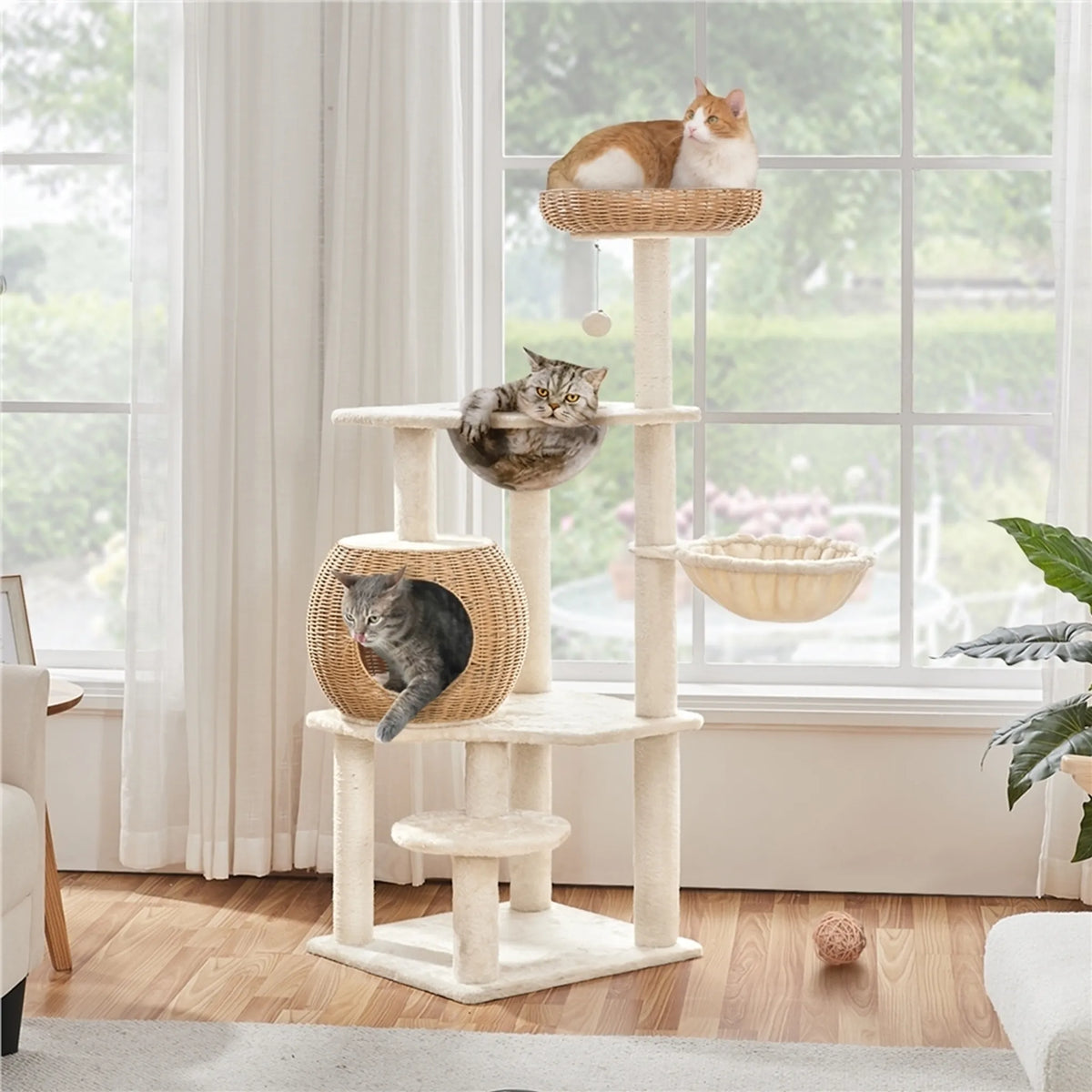 Yaheetech Kratzbaum mit Rattan-Korb – 137,5 cm hoch – 54 x 48 cm – Beige