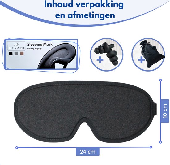 Hilvard - Schlafmaske - Augenmaske - Inklusive Schlaf-Ohrstöpsel - 100% Verdunkelung - Verstellbar - Ergonomisch - Schwarz
