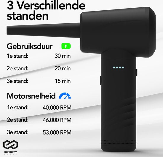 Infinity Goods 4-in-1 Luftgebläse - Druckluft - 53K RPM - Blasen und Saugen - Druckluft - Kabellos und wiederaufladbar - Schwarz