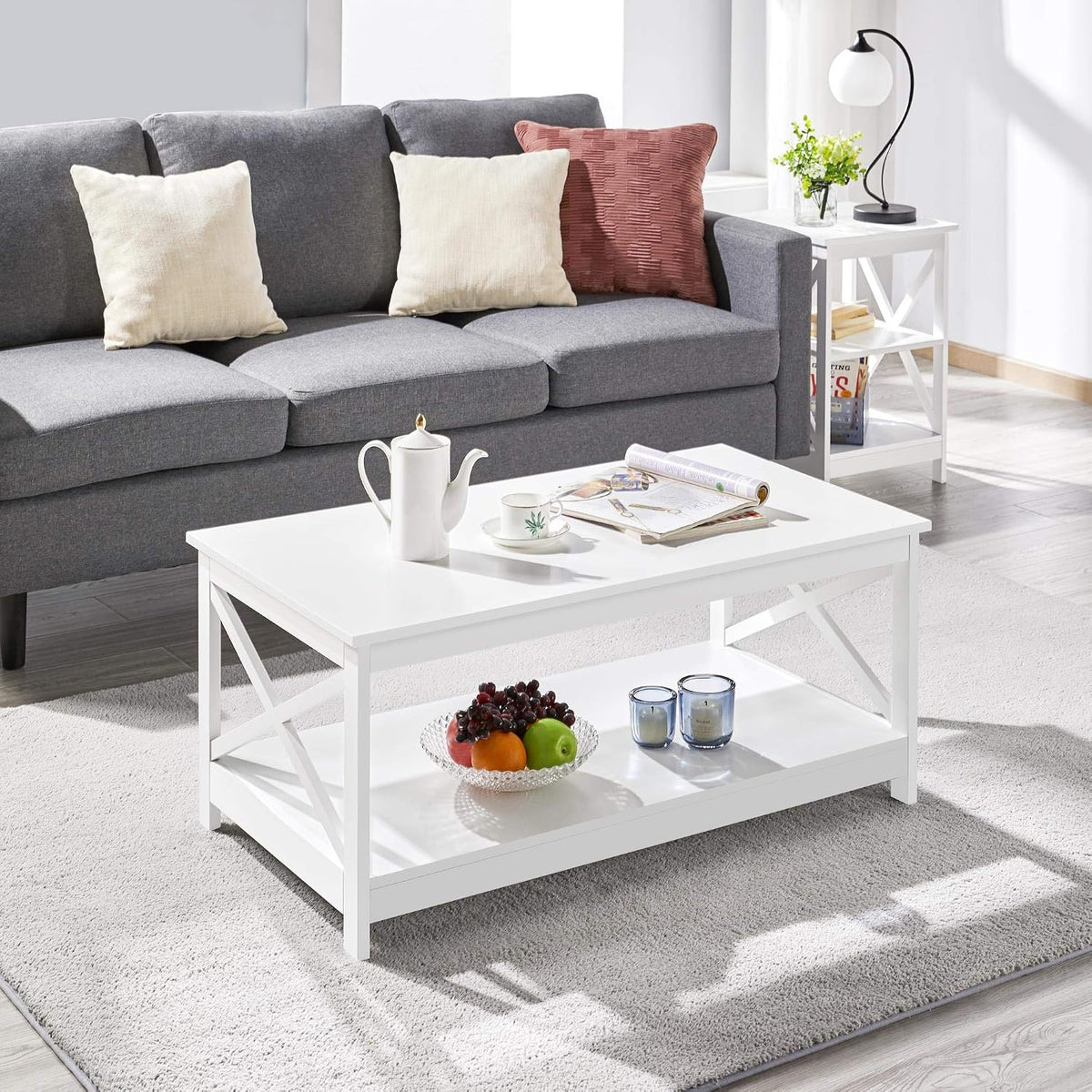Couchtisch mit 2 Ablagebrettern und X-förmigem Gestell, 100 × 50 × 45 cm, weiß
