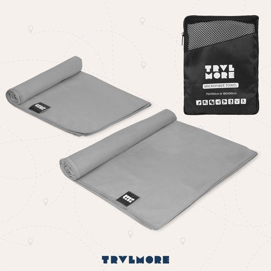 TRVLMORE Mikrofaser-Reisehandtuch-Set - 2 Stück - Groß (75 x 150 cm) & Extra groß (90 x 180 cm) - Mikrofaser - Grau