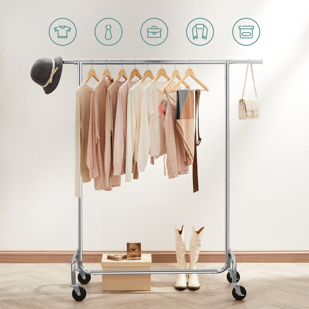 O'DADDYÂ® Kleiderständer auf Rädern - Kleiderständer - Verstellbare Kleiderstange - Ausziehbare Kleiderstange - Verstellbare Hängestange - Stabil bis zu 130 kg - Silber