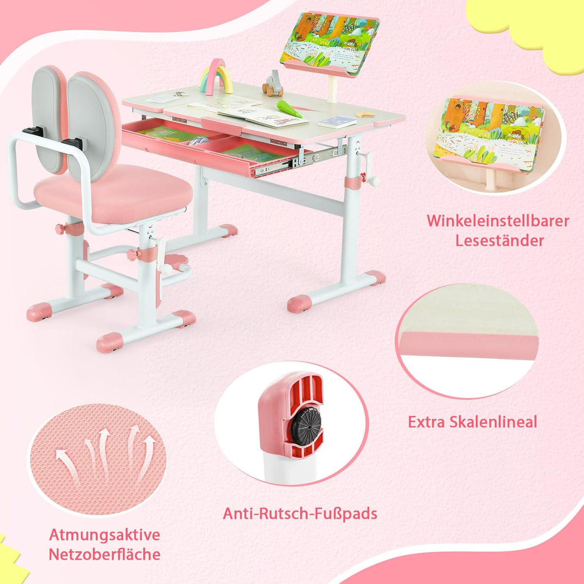 Coast Kinderschreibtisch mit Stuhl - Höhenverstellbar - Max. 110 kg - 80 x 52 x 73 cm - Rosa