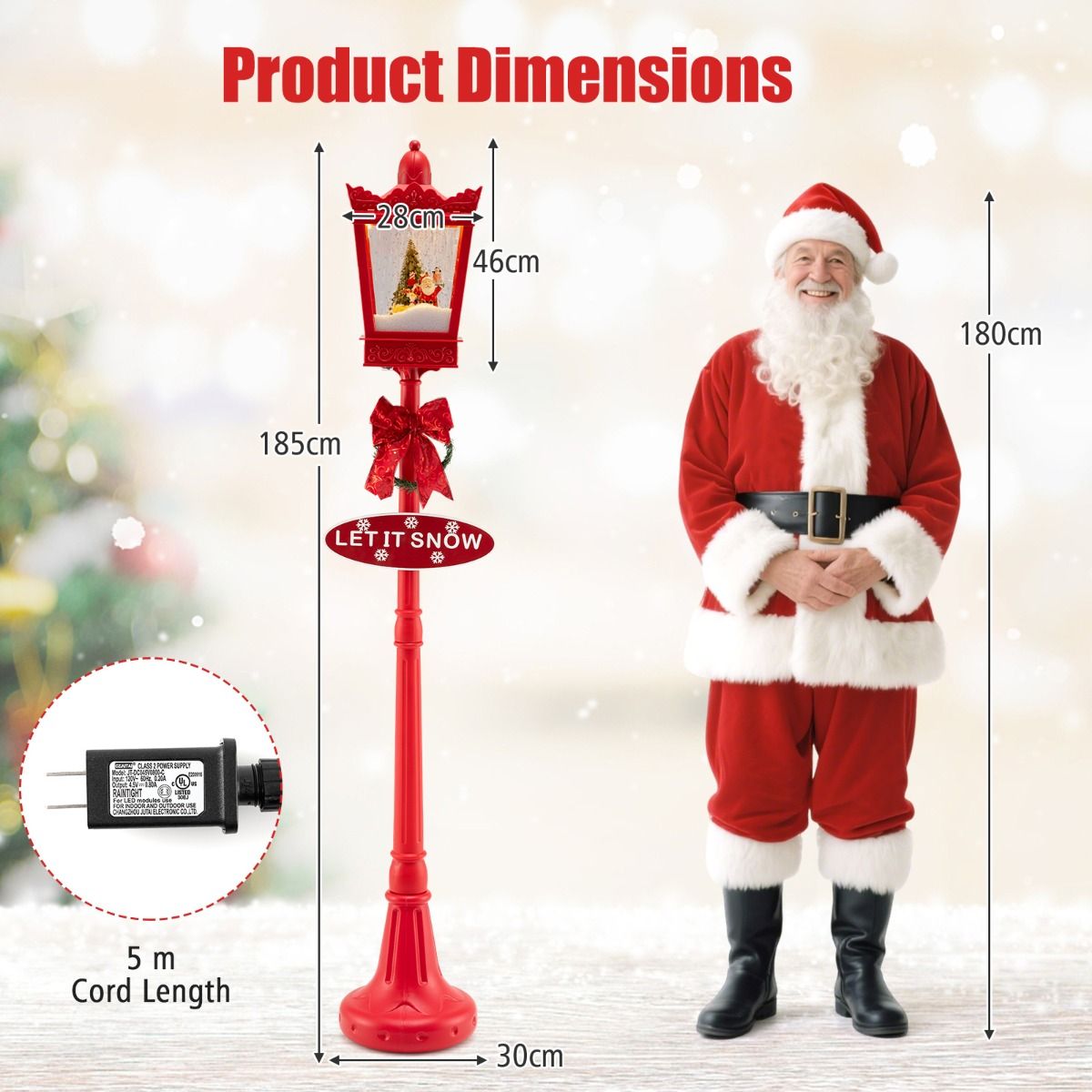 Coast Weihnachtslaternenmast mit Schneeeffekt und Musik - 185 cm hoch - Warm White LED - Rot - Ø30 cm