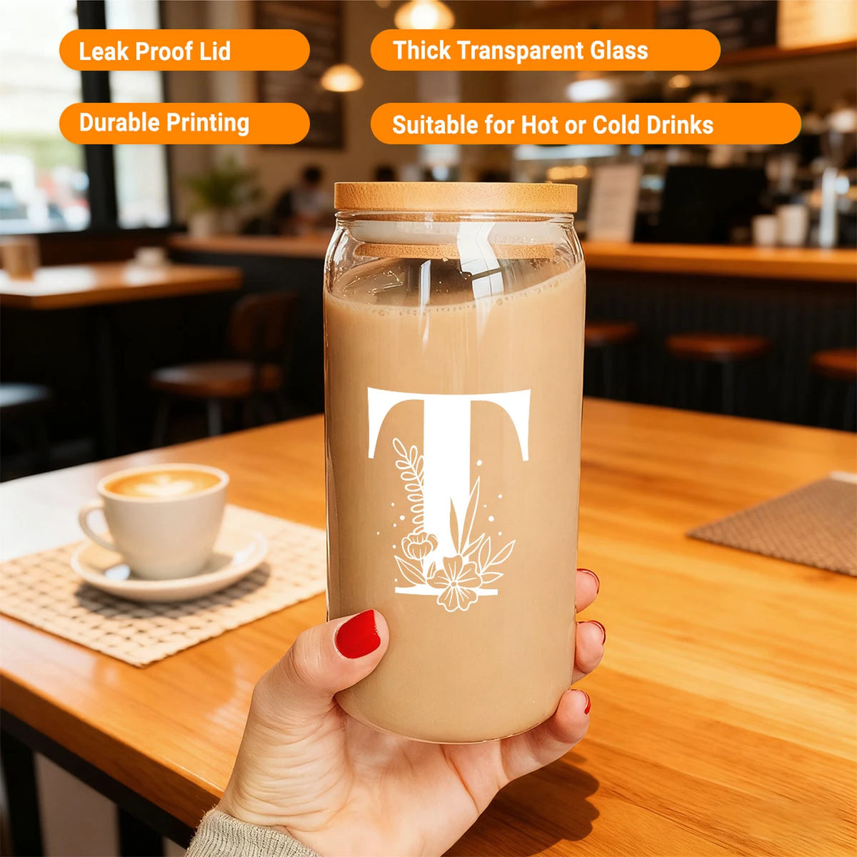 Alphynix Eiskaffee-Glas mit Monogramm T – inklusive Bambusdeckel und Strohhalm