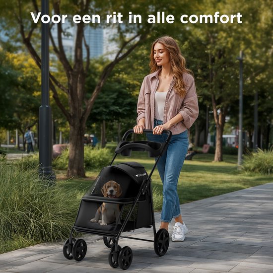Trevopet® Hundebuggy zusammenklappbar - Kinderwagen - Buggy für kleine und mittelgroße Hunde bis 15 kg - wasserfest mit Becherhalterung - Schwarz