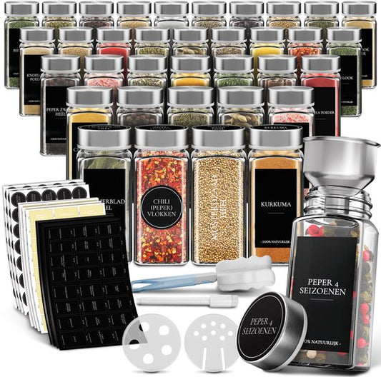 Soothe 36 Glasgewürzdosen quadratisch mit Edelstahldeckel - 2 Arten von Streudeckeln - Gewürzstreuer - Gewürzdosen - Komplettset inkl. Gewürzsticker, Kreidestift und Zubehör - 120ml