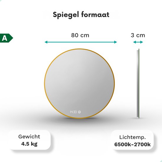 Mirlux Badezimmerspiegel mit LED-Beleuchtung & Heizung - Wandspiegel rund - Anti-Kondensations-Duschspiegel - Goldrahmen - 80CM