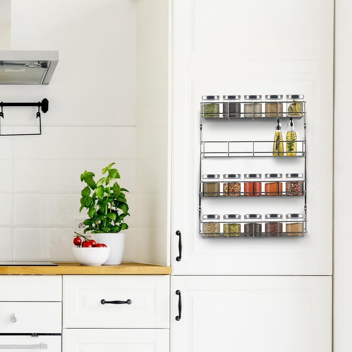 KitchenBrothers Hängendes Gewürzregal für 32 Gewürzdosen - Gewürzregal - Küchenregal - Gewürzorganisator - Gewürzaufbewahrung - 4 Schichten - 40 x 6,3 x 50 cm - Edelstahl