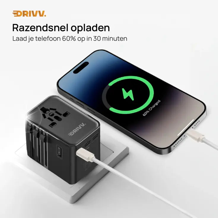 Drivv. Universeller USB-C-Reiseadapter mit 45 W – für über 180 Länder – 3x USB-C & 2x USB-A – kompakter Reiseadapter