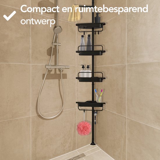 Brixy Duschregal - Teleskopisch - 85-305 cm - Kein Bohren - Boden bis zur Decke - 4 Ablagen - 3 Haken - Schwarz